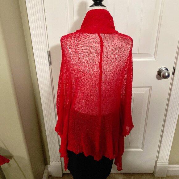XCEPTION Red crochet open front cardigan ~ LARGE XL 1X 2X lettuce hem sweater - Picture 10 of 10